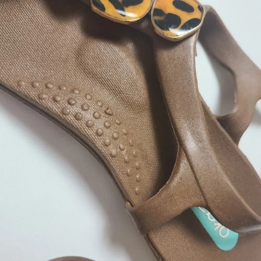 OkaB Leopold Button Sandals Brown Animal Print Ankle Strap Flats Arch Support 6